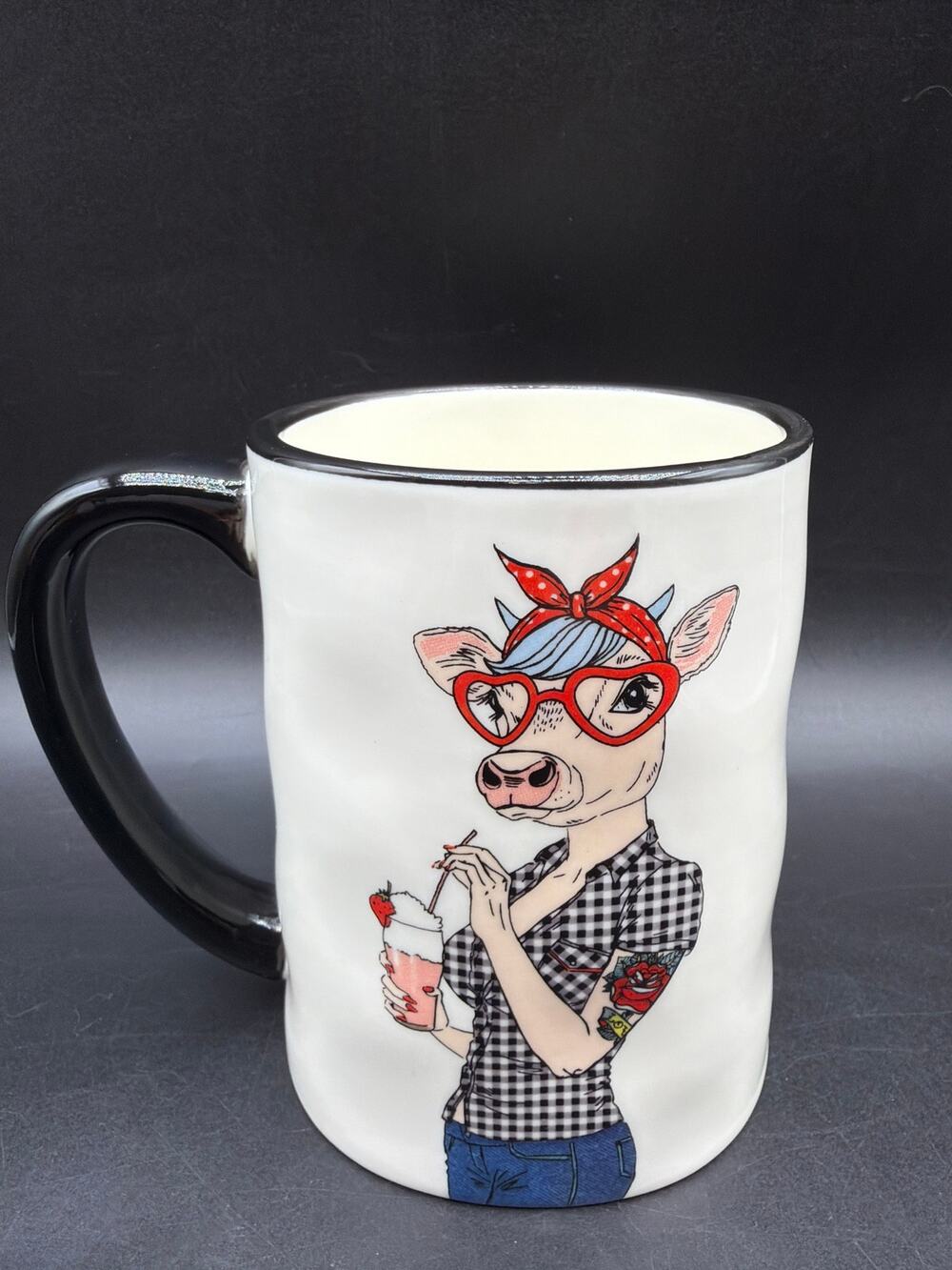 Signature Housewares Hipster Cow Mug 17.5 Oz Heart Glasses Tattoo Milkshake